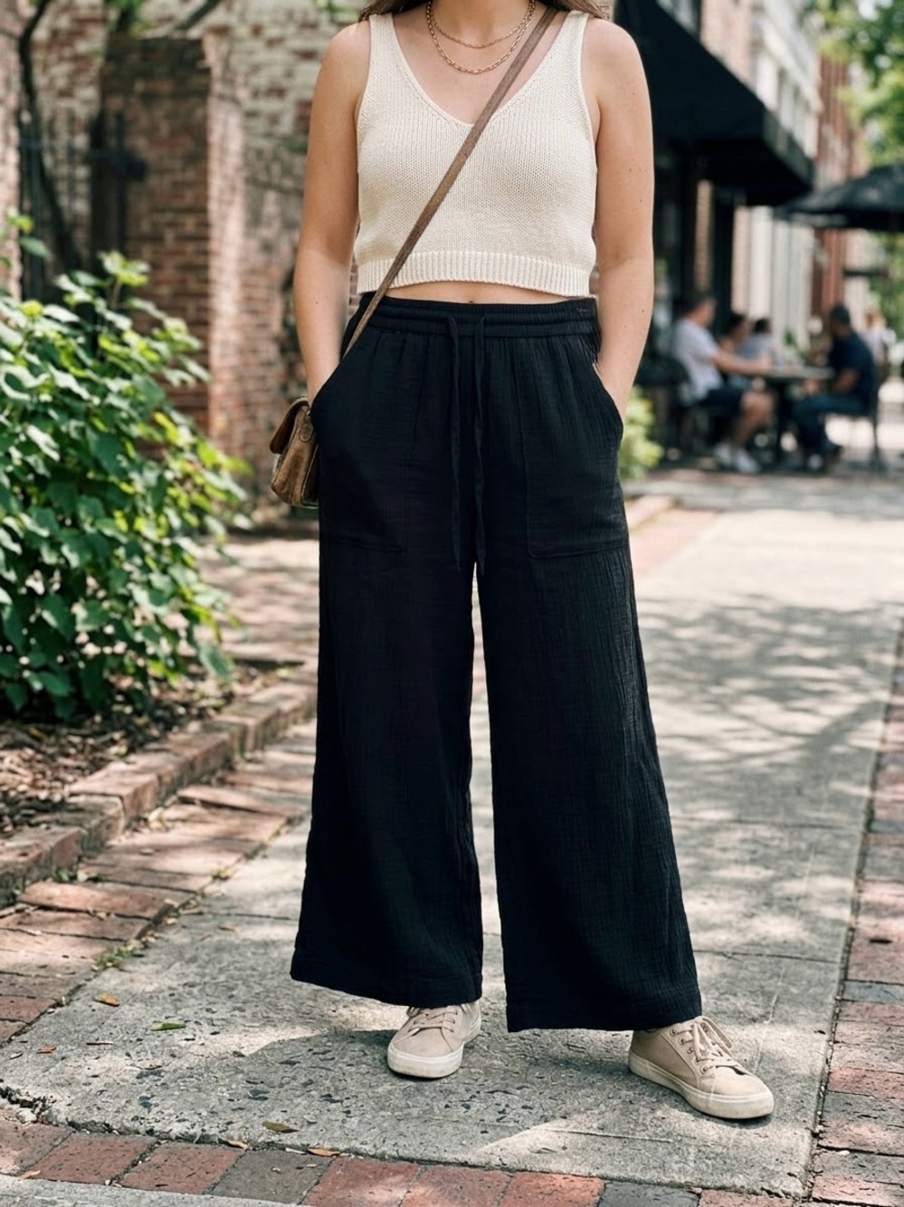 Black Wide-Leg Bootcut Drawstring Pants